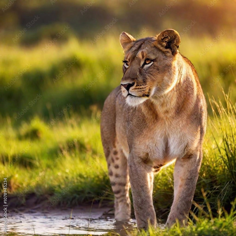 Fototapeta premium A full shot photo of a lioness bathing in the glow of a sunset, deep focus highlighting the silhouette of its full body, low-angle shot adding drama and grandeur to the scene