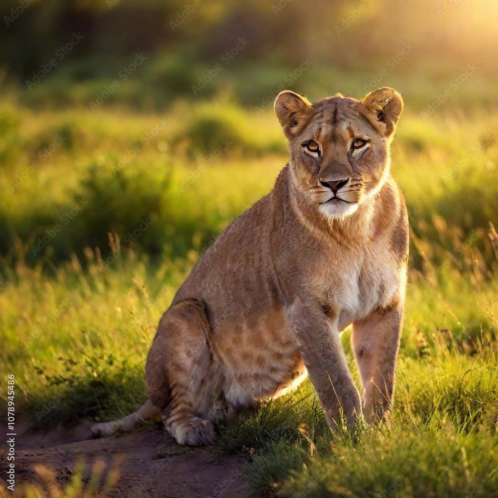 Naklejka premium A full shot photo of a lioness bathing in the glow of a sunset, deep focus highlighting the silhouette of its full body, low-angle shot adding drama and grandeur to the scene
