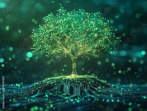 Glowing Tree Symbolizing Sustainable Smart Grid of Nature and Technology