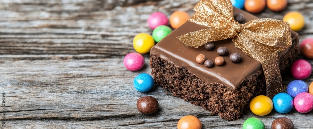 Chocolate Brownie with Golden Bow and Colorful Candies Chocolate Brownie with Golden Bow and Colorful Candies