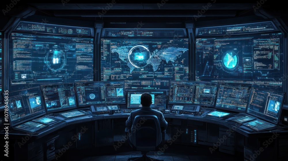 A Cybersecurity Professional Monitors Global Data Streams on Multiple Screens in a High-Tech Control Room. A Cybersecurity Professional Monitors Global Data Streams on Multiple Screens in a High-Tech Control Room.