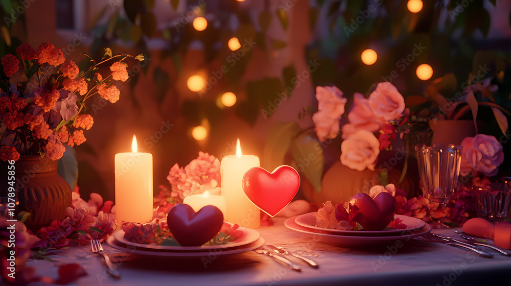 A candlelit dinner table with heart-shaped dishes and floral arrangements, providing an unoccupied area for text overlay amidst the romantic setting - generative ai. Romantic. Illustration A candlelit dinner table with heart-shaped dishes and floral arrangements, providing an unoccupied area for text overlay amidst the romantic setting - generative ai. Romantic. Illustration