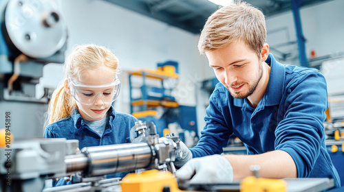 A man and a little girl are working on a machine