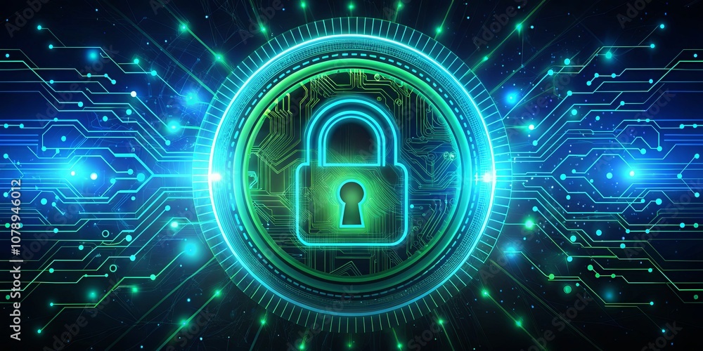 Digital Lock Symbol with Neon Glow and Circuitry Background Representing Cybersecurity, Data Protection, and Technology Innovation in a Modern Digital Environment Digital Lock Symbol with Neon Glow and Circuitry Background Representing Cybersecurity, Data Protection, and Technology Innovation in a Modern Digital Environment