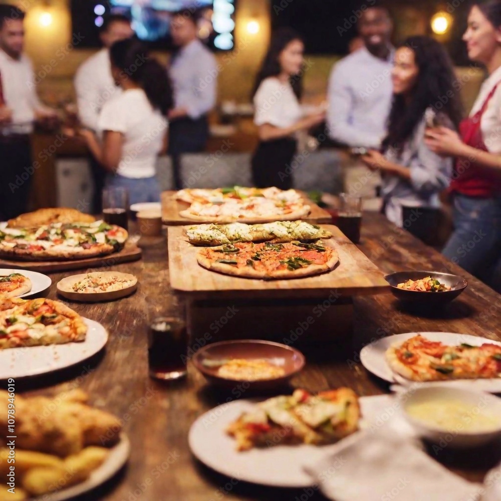 an extreme long shot of a party scene with a large table covered in a spread of junk food like pizza, wings, sliders, and various desserts. Show the full party setup including decorations and guests e an extreme long shot of a party scene with a large table covered in a spread of junk food like pizza, wings, sliders, and various desserts. Show the full party setup including decorations and guests e