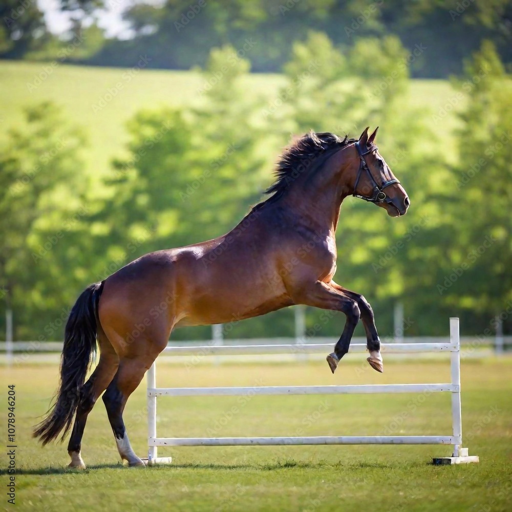 Fototapeta premium A medium shot photo of a horse jumping over a hurdle, tilt-shift effect focusing sharply on the horse while softening the background, high angle shot that captures the full body of the horse mid-jump,