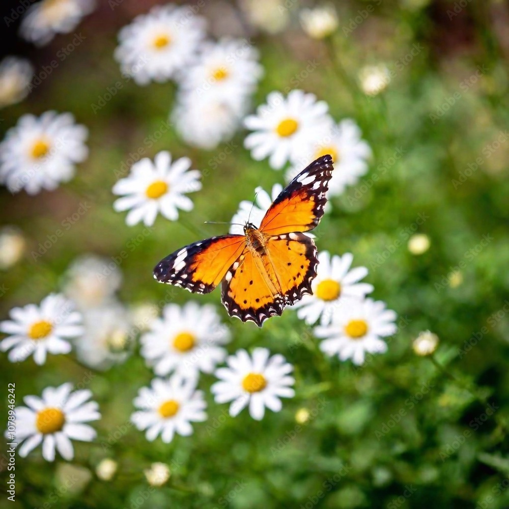A full shot photo of a butterfly hovering above a patch of daisies, soft focus blending the background into a colorful bokeh, high angle shot capturing the full body of the butterfly in flight, wings A full shot photo of a butterfly hovering above a patch of daisies, soft focus blending the background into a colorful bokeh, high angle shot capturing the full body of the butterfly in flight, wings