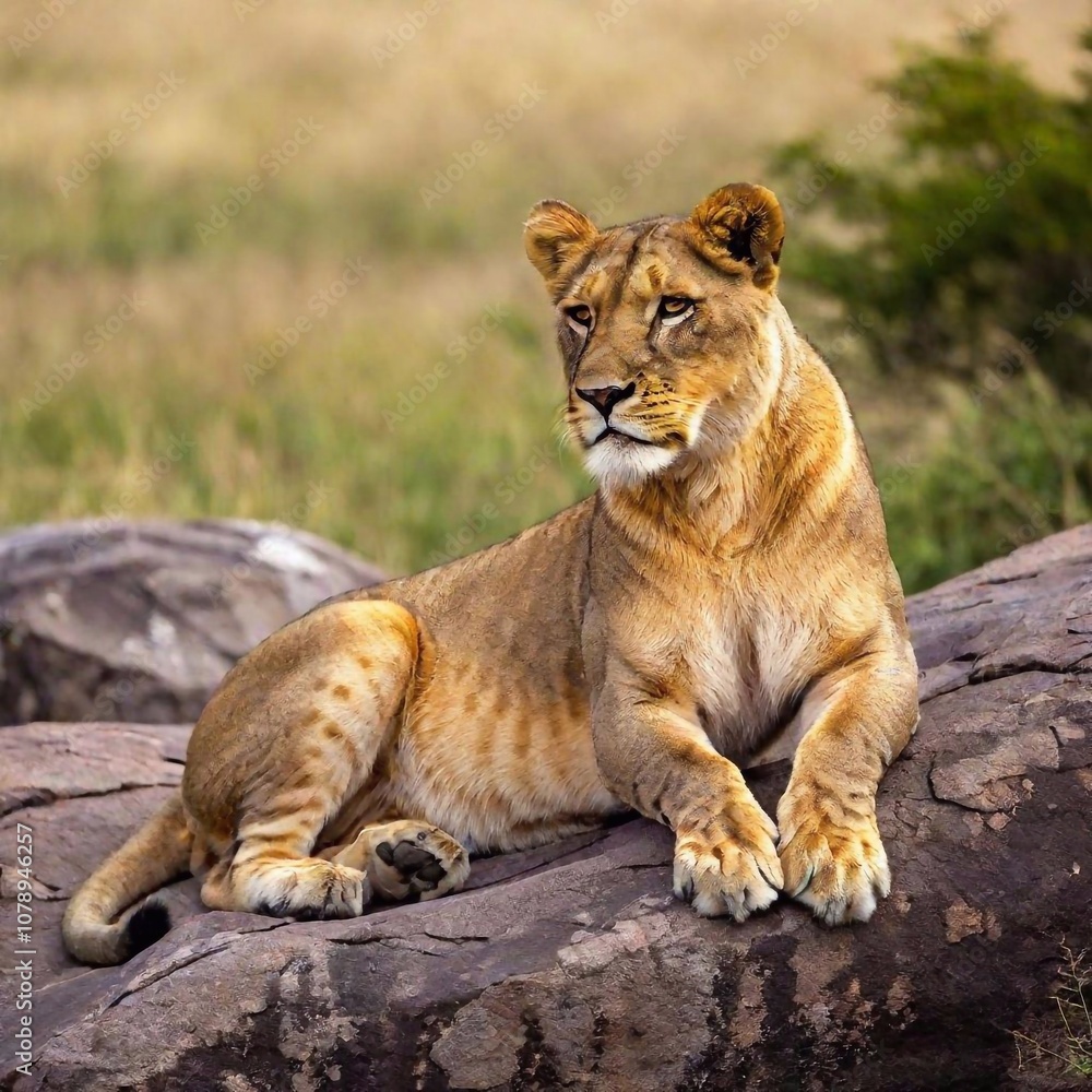 A full shot photo of a lioness resting on a large rock, deep focus on its relaxed posture and the texture of its mane, low-angle shot capturing the full body against a backdrop of the expansive savann A full shot photo of a lioness resting on a large rock, deep focus on its relaxed posture and the texture of its mane, low-angle shot capturing the full body against a backdrop of the expansive savann