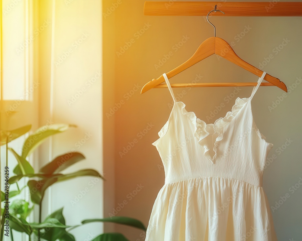 Ruffled summer dress on a polished chrome hanger, warm golden hour light, playful and vibrant fashion aesthetic Ruffled summer dress on a polished chrome hanger, warm golden hour light, playful and vibrant fashion aesthetic