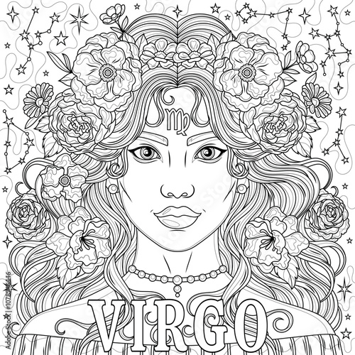 Virgo Woman.Astrological Zodiac Sign.Coloring book antistress for children and adults.