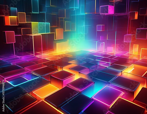 abstract futuristic background with colorful glowing neon cubes in vibrant colors minimalistic technology backdrop photo