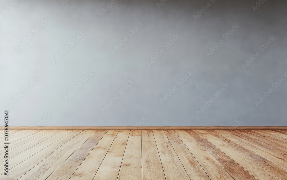 A spacious empty room with a wooden floor and a smooth gray wall, ideal for decoration. A spacious empty room with a wooden floor and a smooth gray wall, ideal for decoration.