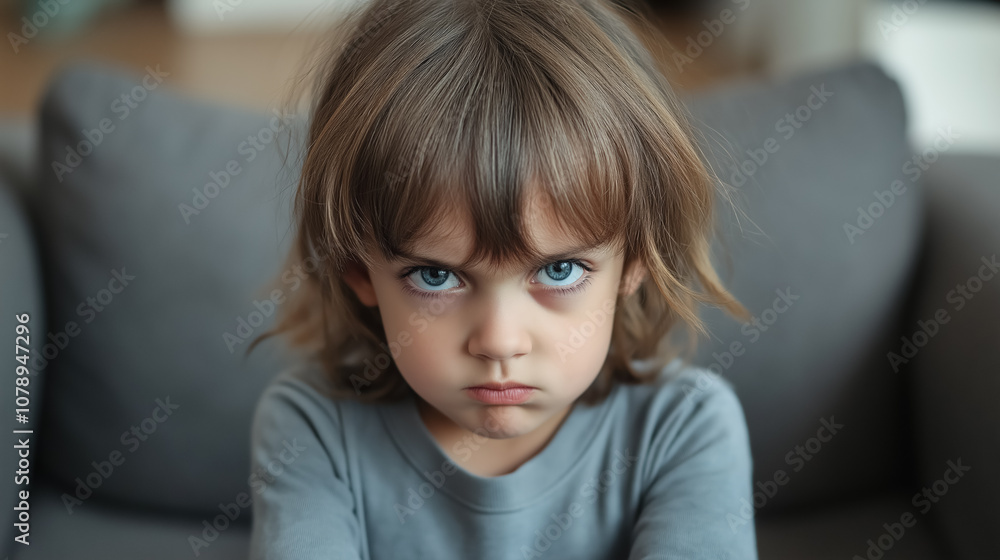 Intense expression of a young child sitting on a couch in a living room setting Intense expression of a young child sitting on a couch in a living room setting