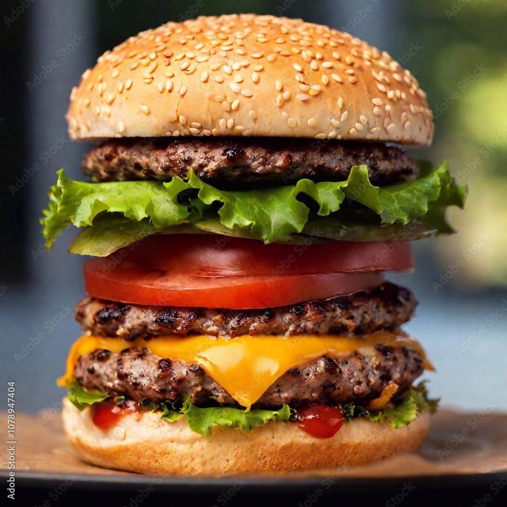 A high-resolution ultrarealistic image of a gourmet cheeseburger, captured with a digital camera, showcasing intricate details and vibrant colors. The burger features a glossy, toasted brioche bun wit A high-resolution ultrarealistic image of a gourmet cheeseburger, captured with a digital camera, showcasing intricate details and vibrant colors. The burger features a glossy, toasted brioche bun wit