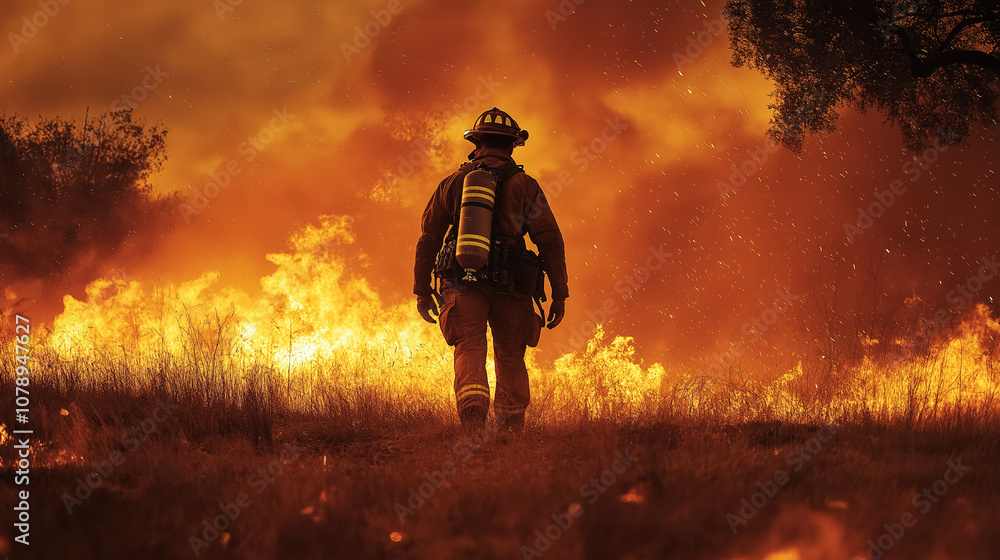 Fototapeta premium Brave firefighter battling intense wildfire amidst blazing flames and smoky skies