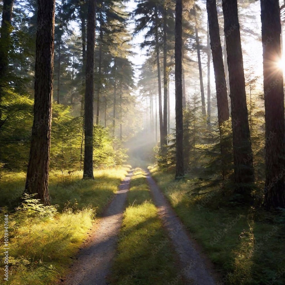 Naklejka premium A high-resolution ultrarealistic image captures a serene forest path at dawn. This digital photograph showcases a dirt pathway meandering through a dense forest of tall pine trees. Sunlight streams th
