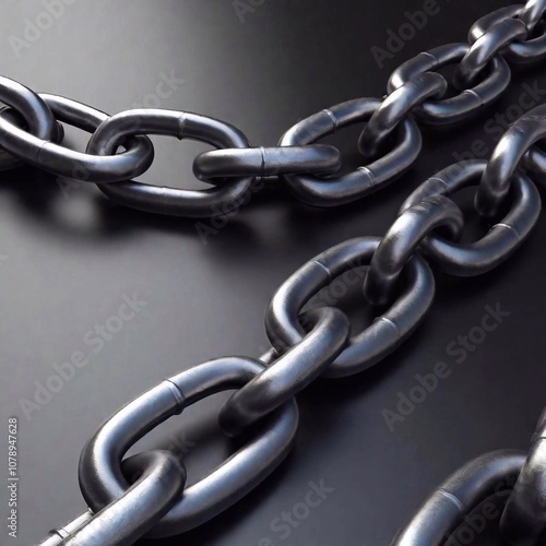 A high-resolution ultrarealistic image of intricately intertwined metal chains against a dark, moody background. The image features detailed, glossy steel chains crisscrossing in a complex, chaotic ma photo