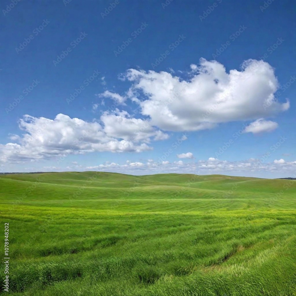 A high-resolution ultrarealistic image of a vast green meadow stretching into the horizon under a clear blue sky. The digital photograph captures the lush, vibrant green grass that dominates the foreg A high-resolution ultrarealistic image of a vast green meadow stretching into the horizon under a clear blue sky. The digital photograph captures the lush, vibrant green grass that dominates the foreg