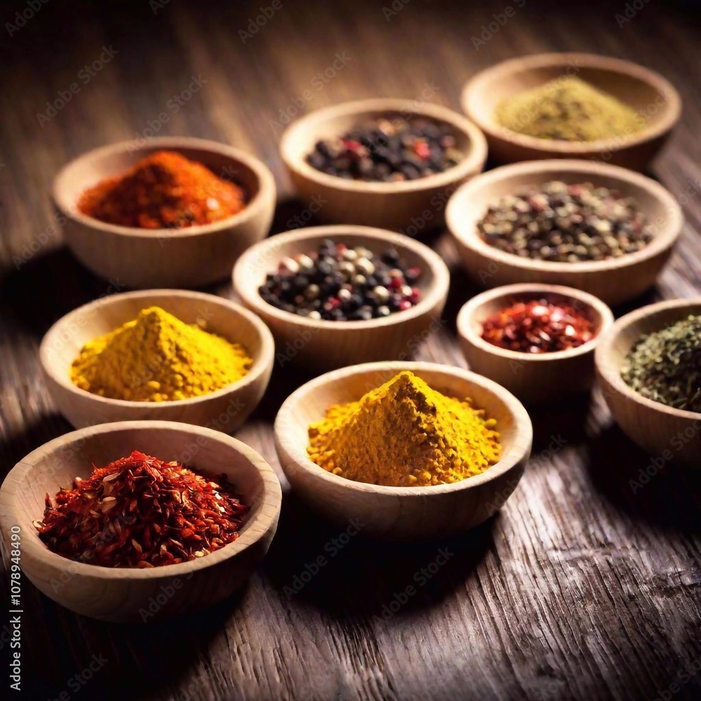 A high-resolution ultrarealistic image captured in photography style, showcasing an assortment of vibrant spices neatly arranged in wooden spoons and rustic bowls. Each spice displays distinct, vivid A high-resolution ultrarealistic image captured in photography style, showcasing an assortment of vibrant spices neatly arranged in wooden spoons and rustic bowls. Each spice displays distinct, vivid