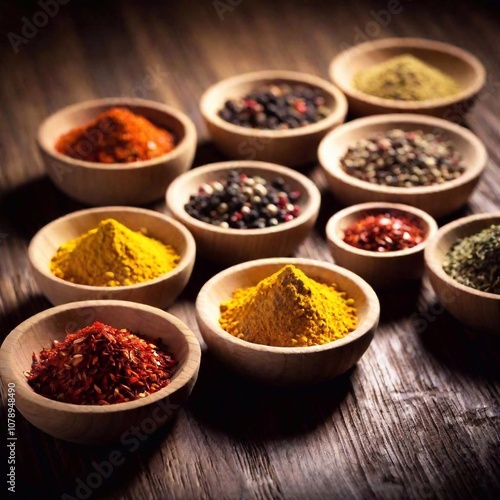 Fototapeta Naklejka Na Ścianę i Meble -  A high-resolution ultrarealistic image captured in photography style, showcasing an assortment of vibrant spices neatly arranged in wooden spoons and rustic bowls. Each spice displays distinct, vivid 