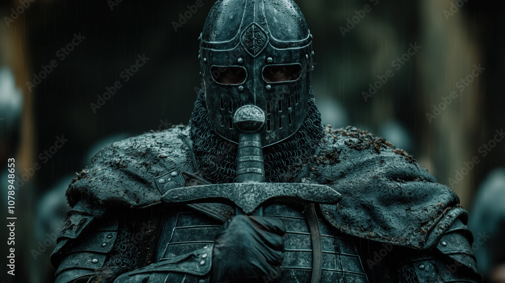 Medieval knight in battle armor holding sword under dark skies Medieval knight in battle armor holding sword under dark skies