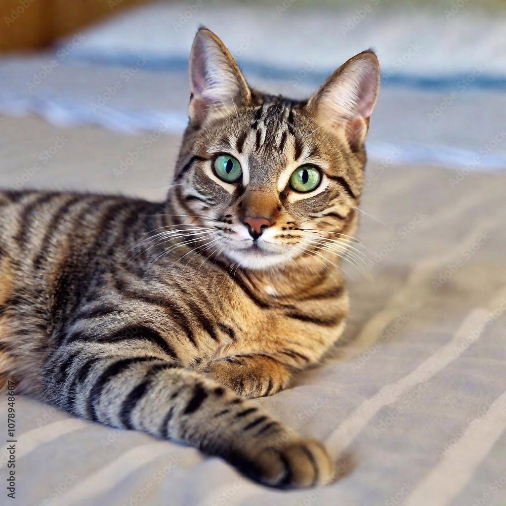A high-resolution ultrarealistic image captures a playful, light-gray tabby cat lying on a bed with blue and green striped sheets. The cat has wide eyes and an open mouth, giving an expression of surp A high-resolution ultrarealistic image captures a playful, light-gray tabby cat lying on a bed with blue and green striped sheets. The cat has wide eyes and an open mouth, giving an expression of surp