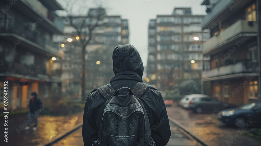 Urban exploration: hooded figure in rainy cityscape at dusk Urban exploration: hooded figure in rainy cityscape at dusk