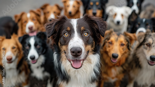 Group of happy australian shepherd dogs outdoors together