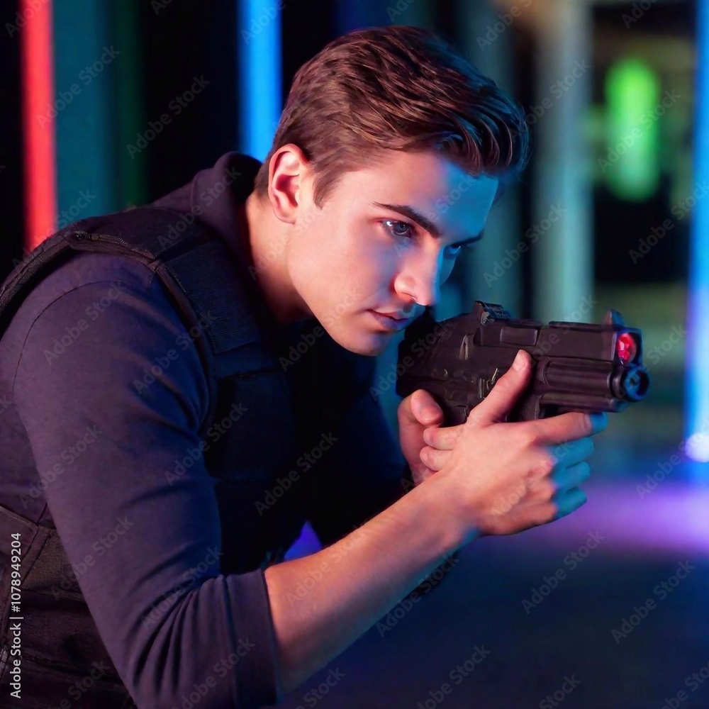 Naklejka premium A high-resolution ultrarealistic image of a man engaged in a laser tag game, captured in vivid detail. This digital photograph reveals a man wearing a lit-up, futuristic laser tag vest, holding a glow