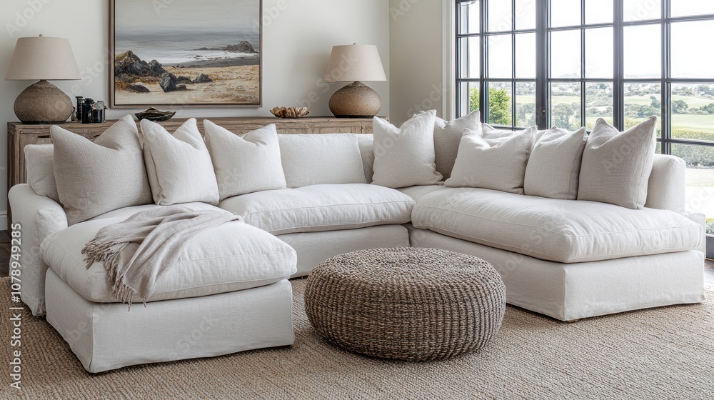 A large sectional sofa in a white linen fabric with a woven ottoman and a throw blanket on the chaise. A large sectional sofa in a white linen fabric with a woven ottoman and a throw blanket on the chaise.
