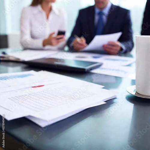 A high-resolution ultrarealistic image, photographed in a modern office setting. The foreground features a close-up of a desk with a laptop, a printed bar graph, a pen, and a takeaway coffee cup with 