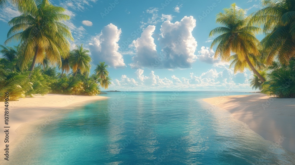 Fototapeta premium Serene tropical beach with clear water and palm trees.