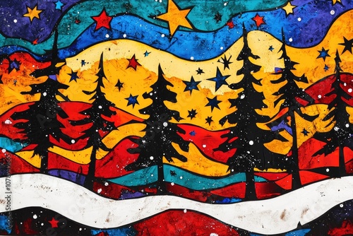 Vibrant landscape with colorful trees and stars on a textured background. photo