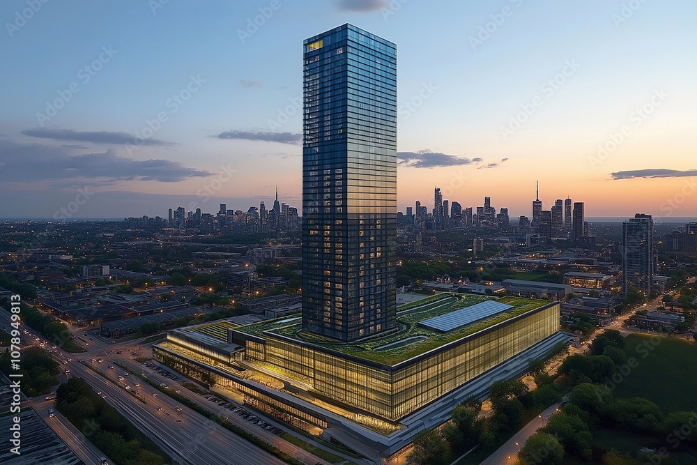 Fototapeta premium A high-rise building with a green roof and solar panels