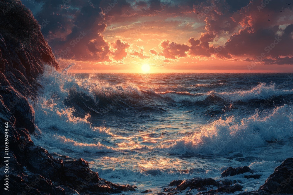 Fototapeta premium Ocean waves crashing against rugged coastal cliffs at sunset. Generative AI