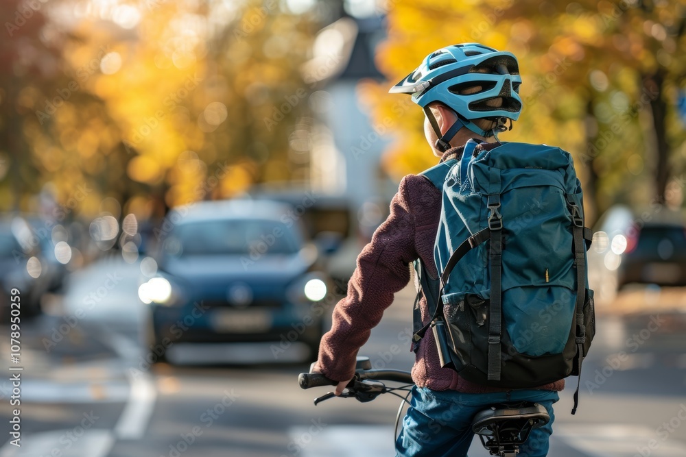 Schoolboy With Helmet And Backpack On Bicycle At Crosswalk On Way To School In Fall. Schoolboy With Helmet And Backpack On Bicycle At Crosswalk On Way To School In Fall.