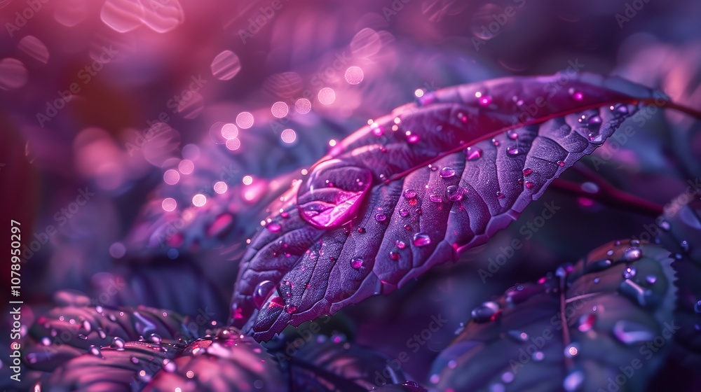 A close up of a purple leaf with drops of water on it at sunlight on a blur background with purple leaves, Ai Generative. A close up of a purple leaf with drops of water on it at sunlight on a blur background with purple leaves, Ai Generative.
