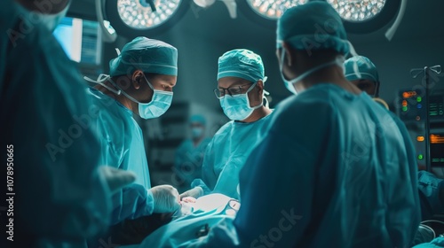 A newborn baby is born by c-section in an operating room attended by a surgeon and medical team	
 photo