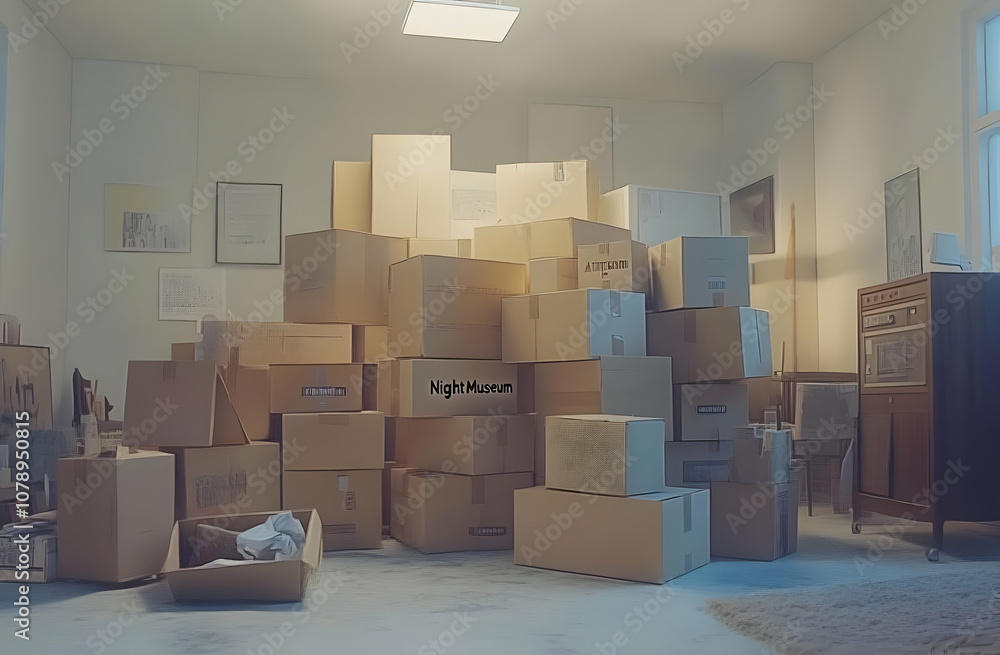 A large stack of cardboard boxes in a room lit by soft, warm overhead light. A large stack of cardboard boxes in a room lit by soft, warm overhead light.