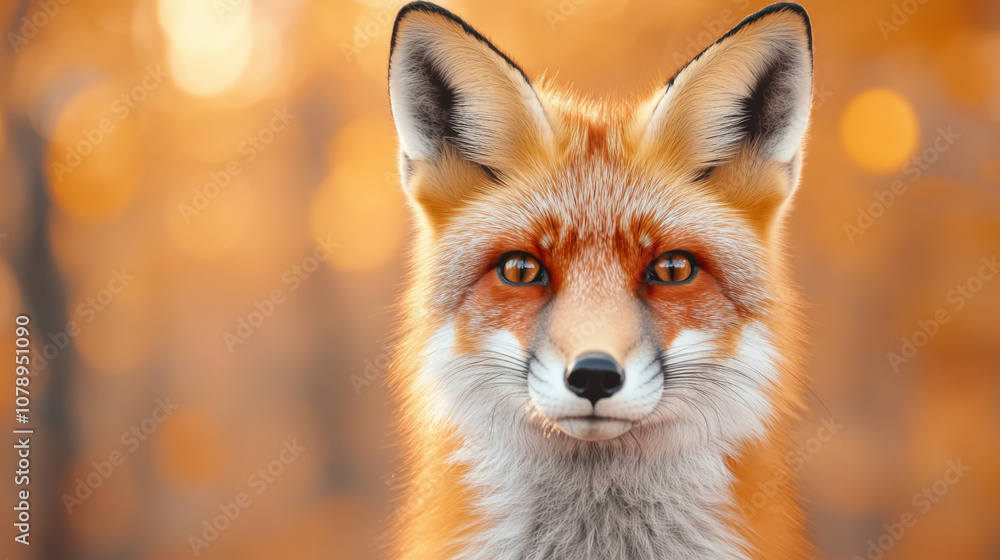 Fototapeta premium Animal front and look straight, Realistic illustration of fox looking directly at viewer, showcasing its vibrant orange fur and expressive eyes against warm, blurred background