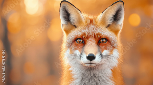 Animal front and look straight, Realistic illustration of fox looking directly at viewer, showcasing its vibrant orange fur and expressive eyes against warm, blurred background