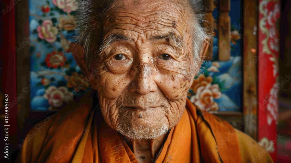 Against a colorful backdrop, a thoughtful elderly woman's contemplative pose reflects on a lifetime of memories and lessons learned Against a colorful backdrop, a thoughtful elderly woman's contemplative pose reflects on a lifetime of memories and lessons learned