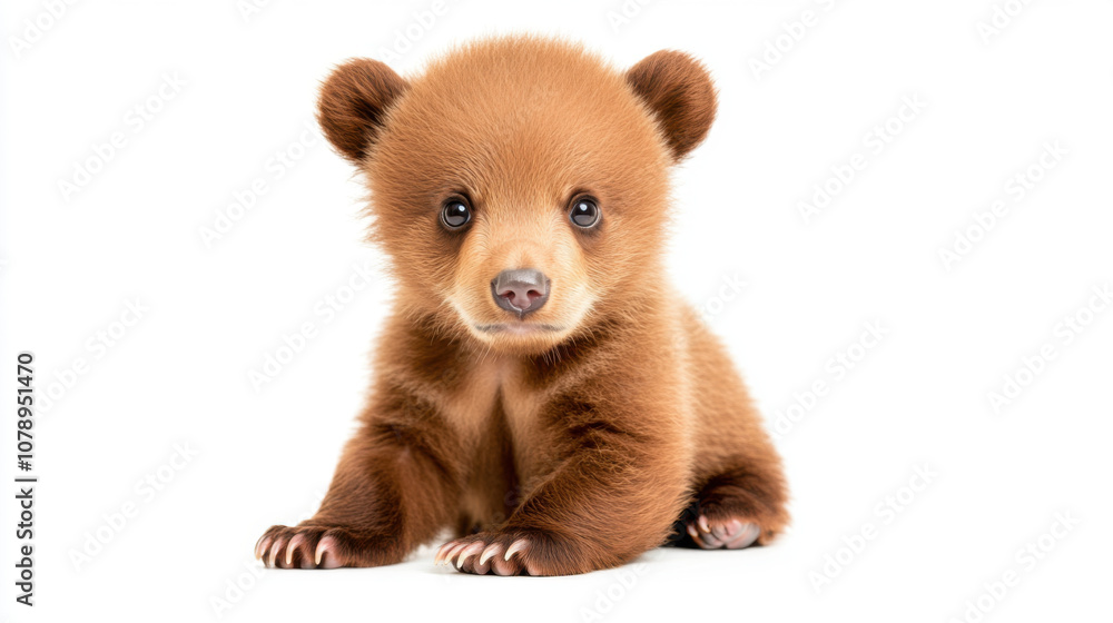 Animal front and look straight, full body baby bear cub sitting and looking forward, showcasing its adorable features and soft fur. This charming cub exudes sense of curiosity and playfulness Animal front and look straight, full body baby bear cub sitting and looking forward, showcasing its adorable features and soft fur. This charming cub exudes sense of curiosity and playfulness