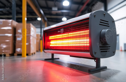 industrial infrared heater stands on the floor in a warehouse