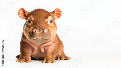 Animal front and look straight, full body baby hippo sitting and staring forward, showcasing its adorable features and smooth skin. This charming creature evokes sense of joy and curiosity