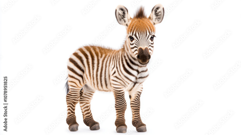 Animal front and look straight, full body baby zebra with striped fur standing gracefully, showcasing its unique patterns and playful demeanor Animal front and look straight, full body baby zebra with striped fur standing gracefully, showcasing its unique patterns and playful demeanor
