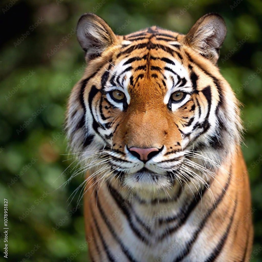 close-up of a tiger face, with its intense amber eyes locked on the viewer, whiskers twitching, and its orange and black stripes vividly standing out against the softly blurred greenery behind it close-up of a tiger face, with its intense amber eyes locked on the viewer, whiskers twitching, and its orange and black stripes vividly standing out against the softly blurred greenery behind it