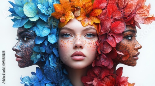 A surreal portrait featuring three faces adorned with vibrant flowers.
