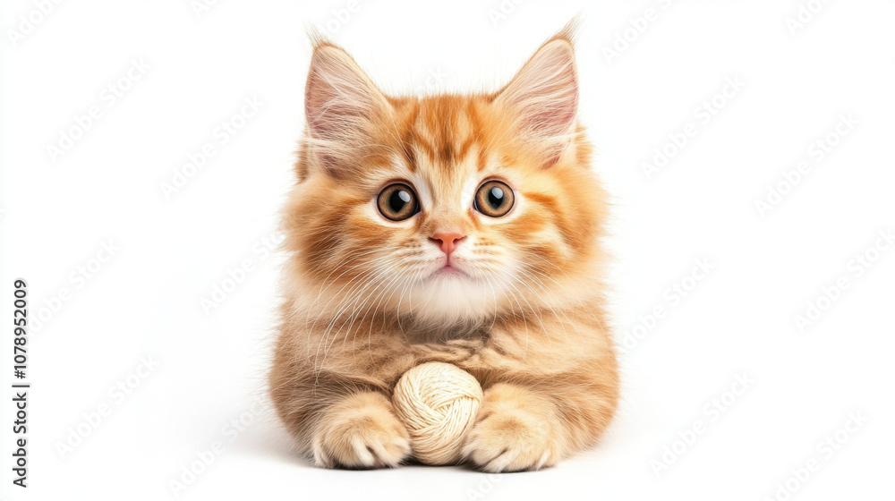 Obraz premium Animal front and look straight, Fluffy kitten playing with yarn ball, showcasing its playful nature and adorable features. This charming scene captures essence of feline joy