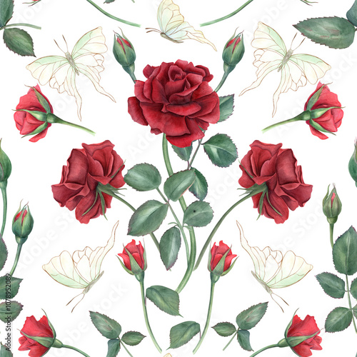 Garden ruby flowers among fluttering white abstract butterflies with golden contour. Red roses with leaves watercolor seamless pattern. Blooming summer flower illustration for print, clothing textile